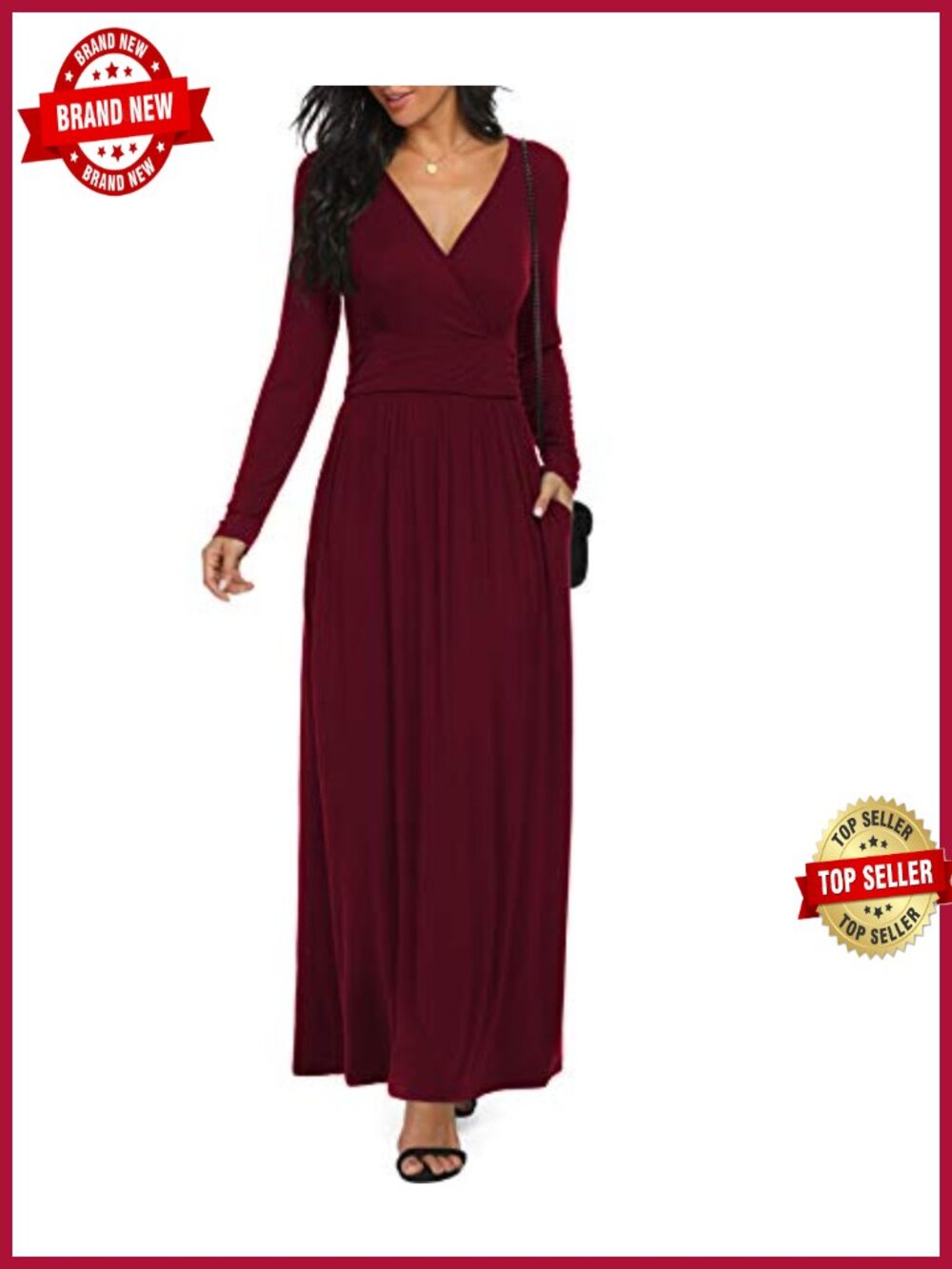 Long Sleeve Maxi Dress with Deep V Neck and Pockets - Rayon Spandex